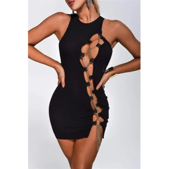 Terry Pau Bayan Zincirli Siyah Mini Elbise