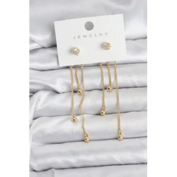 Topçuk Model Gold Renk Pirinç Sallantılı Kadın Küpe Seti