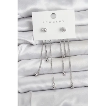 Topçuk Model Gümüş Renk Pirinç Sallantılı Kadın Küpe Seti
