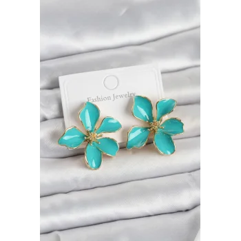 Turkuaz Mineli Çiçek Model Pirinç Kadın Küpe