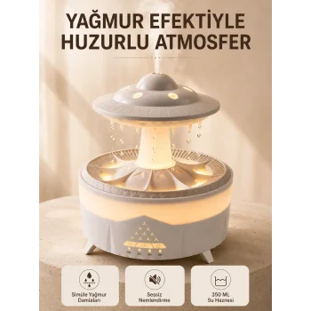 UFO Tasarımlı 350 ML Hava Nemlendirici Renkli Ortam Işığı Yağmur Efektli Difüzör