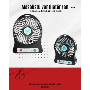 USB Girişli Taşınabilir Masaüstü Mini Fan – 3 Kademeli Hız, Şarjlı, Işıklı, Sessiz Çalışma