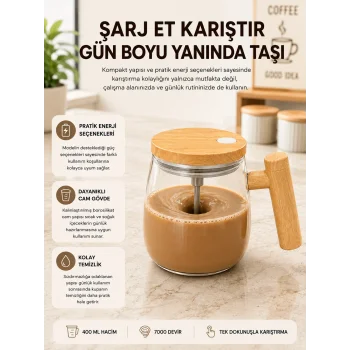 USB Şarjlı Akıllı Karıştırıcı Kupa – Isıtma Altlıklı, IP6 Su Geçirmez Yeni Nesil