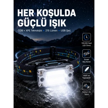 USB Şarjlı Mini LED KAFA Feneri 50m Odak 150m Geniş Aydınlatma Yeni Nesil
