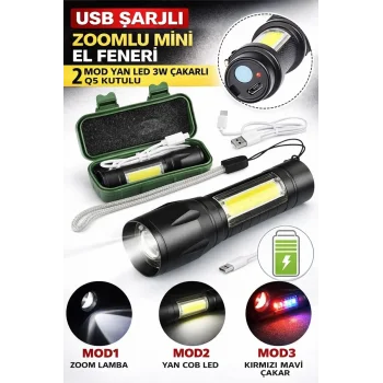 Usb Şarjlı Zoomlu Mini El Feneri 3 Mod Yan Cob Led  Q5 Güçlü Işık Kutulu