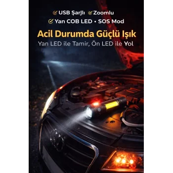 Usb Şarjlı Zoomlu Mini El Feneri Q5 Güçlü Işık Yan Cob Led Sos Mod Kutulu Acil Durum Işığı