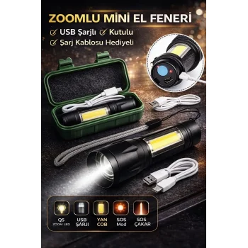Usb Şarjlı Zoomlu Mini El Feneri Q5 Güçlü Işık Yan Cob Led Sos Mod Kutulu Şarj Kablolu Set