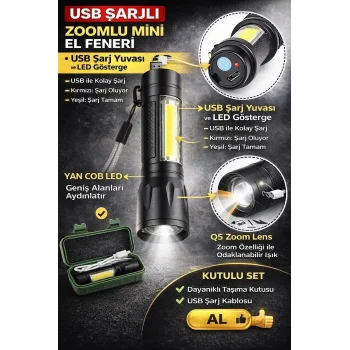 Usb Şarjlı Zoomlu Mini El Feneri Q5 Güçlü Işık Yan Cob Led Sos Mod Kutulu Taşınabilir