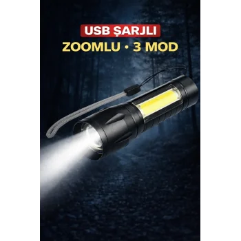 Usb Şarjlı Zoomlu Mini El Feneri Q5 Güçlü Işık Yan Cob Led Sos Mod Kutulu Taşınabilir