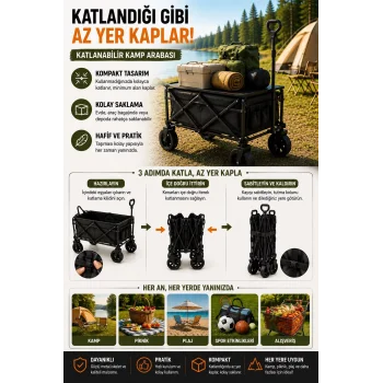 Üst Masalı Katlanabilir Kamp Arabası Çekme Kollu Geniş Hazneli Piknik ve Plaj Arabası