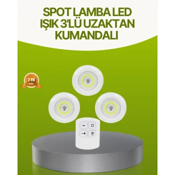 Uzaktan Kumandalı 3 Lü Kablosuz Led Spot Lamba Seti Yapışkanlı Pratik Kullanım
