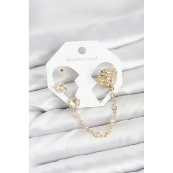 Uzay Model Pirinç Gold Renk Zincir Bağlantılı Ear Cuff Küpe Seti