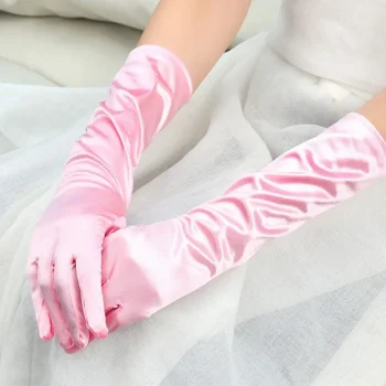 Uzun Boy Ekstra Parlak Saten Eldiven Pembe Renk (5047)