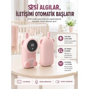 Uzun Menzilli Bebek Telsizi 1-3 Km Çekim 22 Kanal LCD Ekran VOX Şarjlı