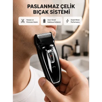 Uzun Pil Ömürlü Şarjlı Tıraş Makinesi – Hızlı Şarj, Ergonomik Tasarım, Çok Yönlü Kullanım