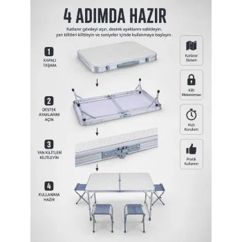 Valiz Tipi Katlanabilir Piknik Masası 4 Tabureli Taşınabilir Kamp Masası