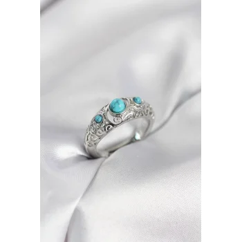 Vintage Model Mavi Taşlı Gümüş Renk Kadın Yüzük