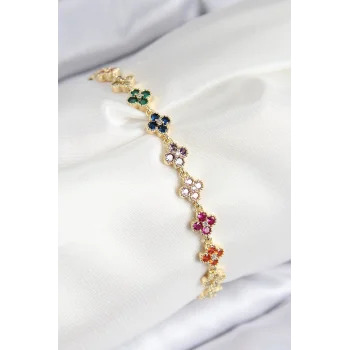 VIP Pirinç Renkli Zirkon Taşlı Yonca Model Gold Renk Kadın Bileklik