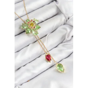 VIP Pirinç Zirkon Taşlı Çiçek Model Gold Renk Asansörlü Kadın Kolye