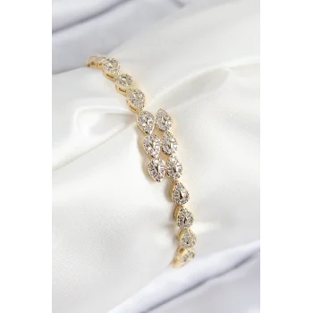 VIP Pirinç Zirkon Taşlı Sıralı Damla Model Gold Renk Kadın Bileklik