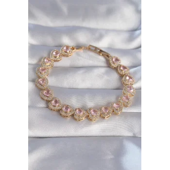 Vip Seri Pirinç Gold Renk Pembe Zirkon Taşlı Kalp Tasarımlı Bileklik