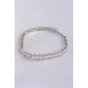 Vip Seri Pirinç Pembe Zirkon Taşlı Gümüş Renk Baget Model Bileklik