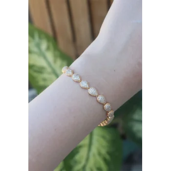 Vip Seri Pirinç Zirkon Taşlı Gold Renk Damla Model Bileklik