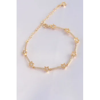 Vip Seri Pirinç Zirkon Taşlı Gold Renk Halley Model Bileklik