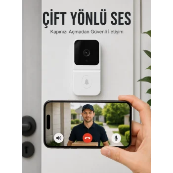 Wi-Fi Beyaz Görüntülü Kapı Zili  HD Kamera, Gece Görüşü ve Çift Yönlü Konuşma Özellikli