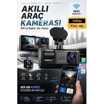 Wifi 1080p 3 Kameralı Araç İçi Kamera Lcd Ekranlı Gece Görüşlü G Sensörlü Geniş Açılı