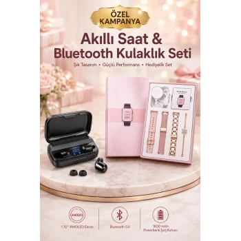 Wireless Şarjlı Pembe Akıllı Saat ve Kablosuz Bluetooth Kulaklık Dokunmatik Kontrol