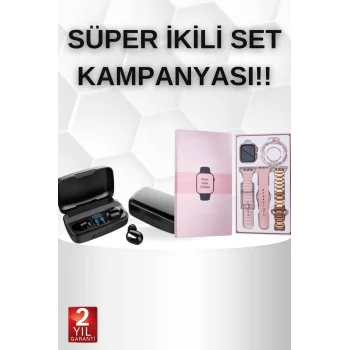 Wireless Şarjlı Pembe Akıllı Saat ve Kablosuz Bluetooth Kulaklık Dokunmatik Kontrol