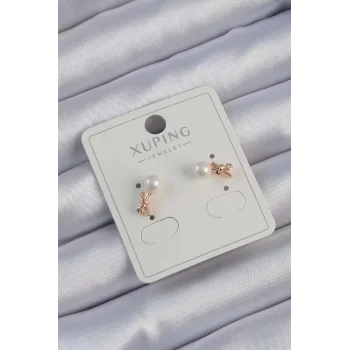 Xuping Rose Renk Zirkon Taşlı İncili Minimal Fiyonk Küpe