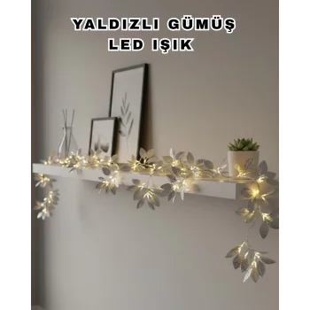 Yaldızlı Gümüş Yaprak LED Işık Pilli Dekoratif Ortam ve Yılbaşı Aydınlatması