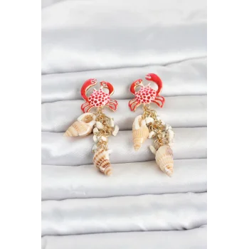 Yengeç Model Deniz Kabuğu Detaylı Kadın Küpe