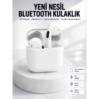 Yeni Nesil Bluetooth Kulaklık Beyaz Çağrı Cevaplayabilen Kablosuz