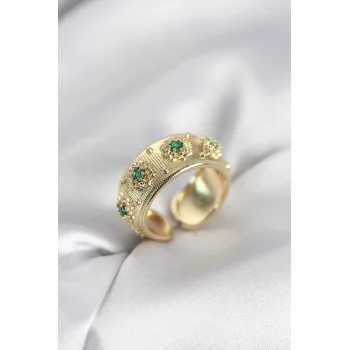 Yeşil Zirkon Taşlı Gold Renk Vintage Kadın Yüzük