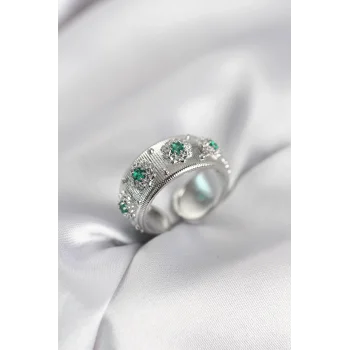 Yeşil Zirkon Taşlı Gümüş Renk Vintage Kadın Yüzük