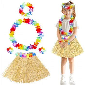 Yetişkin Çocuk Hawaii Parti Seti - 40 cm Naturel Etek + Çiçek Aksesuarlar (5 Parça) (5047)