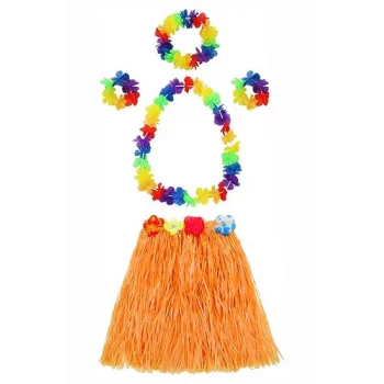 Yetişkin ve Çocuk Uyumlu Luau Aloha Hawaii Turuncu Etek ve Renkli Kolye Taç 2 Adet Bileklik Seti