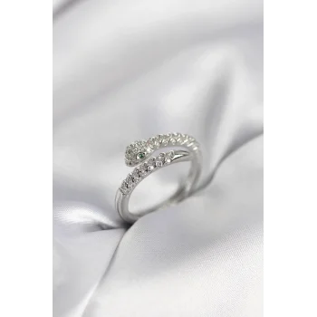 Yılan Model Gümüş Renk Zirkon Taşlı Kadın Yüzük