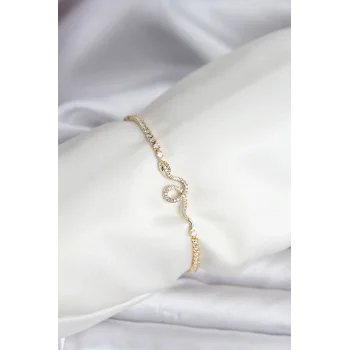 Yılan Model Zirkon Taşlı Gold Renk Pirinç Su Yolu Kadın Bileklik