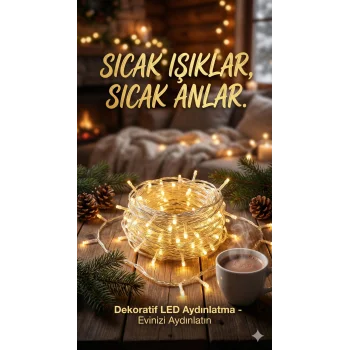 Yılbaşı Aydınlatması 100 LED Perde Hortum Sıcak Beyaz Işık - 10 Metre Dekoratif Şeffaf Kablolu Süs