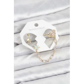 Yıldız Model Pirinç Gold Renk Zincir Bağlantılı Ear Cuff Küpe Seti