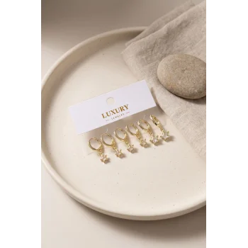 Yıldız Zirkon Taşlı Gold Renk Pirinç Set Küpe