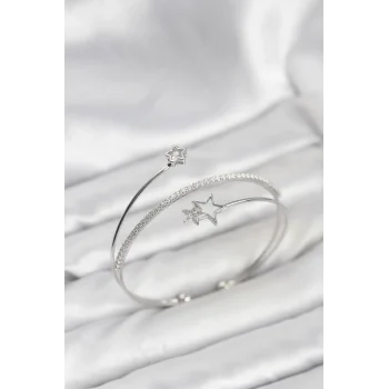 Yıldızlı Model Pirinç Gümüş Renk Kadın Bileklik