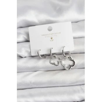 Yonca Model Gümüş Renk Pirinç 3lü Kadın Küpe Seti