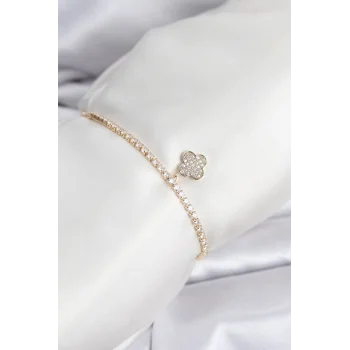 Yonca Model Zirkon Taşlı Gold Renk Asansörlü Su Yolu Bileklik