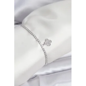 Yonca Model Zirkon Taşlı Gümüş Renk Asansörlü Su Yolu Bileklik