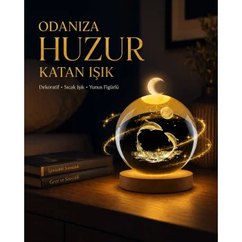 Yunus Temalı Kristal Küre USB Işıklı Ahşap Altlıklı Gece Lambası